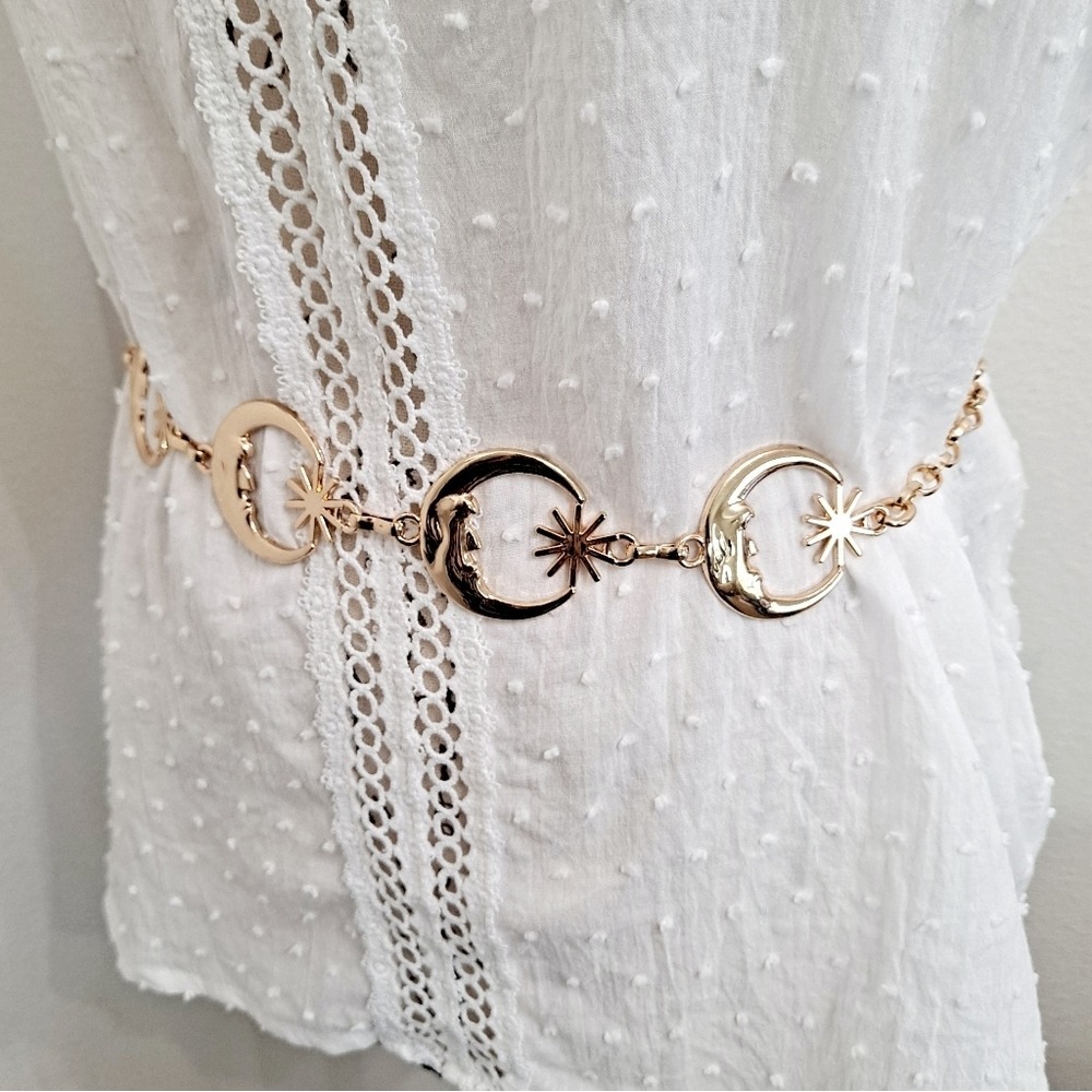 Gold Chain Chunky Boho Moon Sun Waist Belt XS to L Adjustable Celestial whimsy - Picture 10 of 12